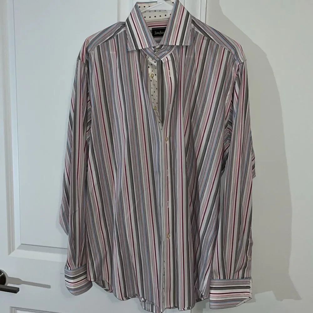 $175 Rainbow stripe & dots trim Neiman Marcus casual party Dress Shirt L men’s